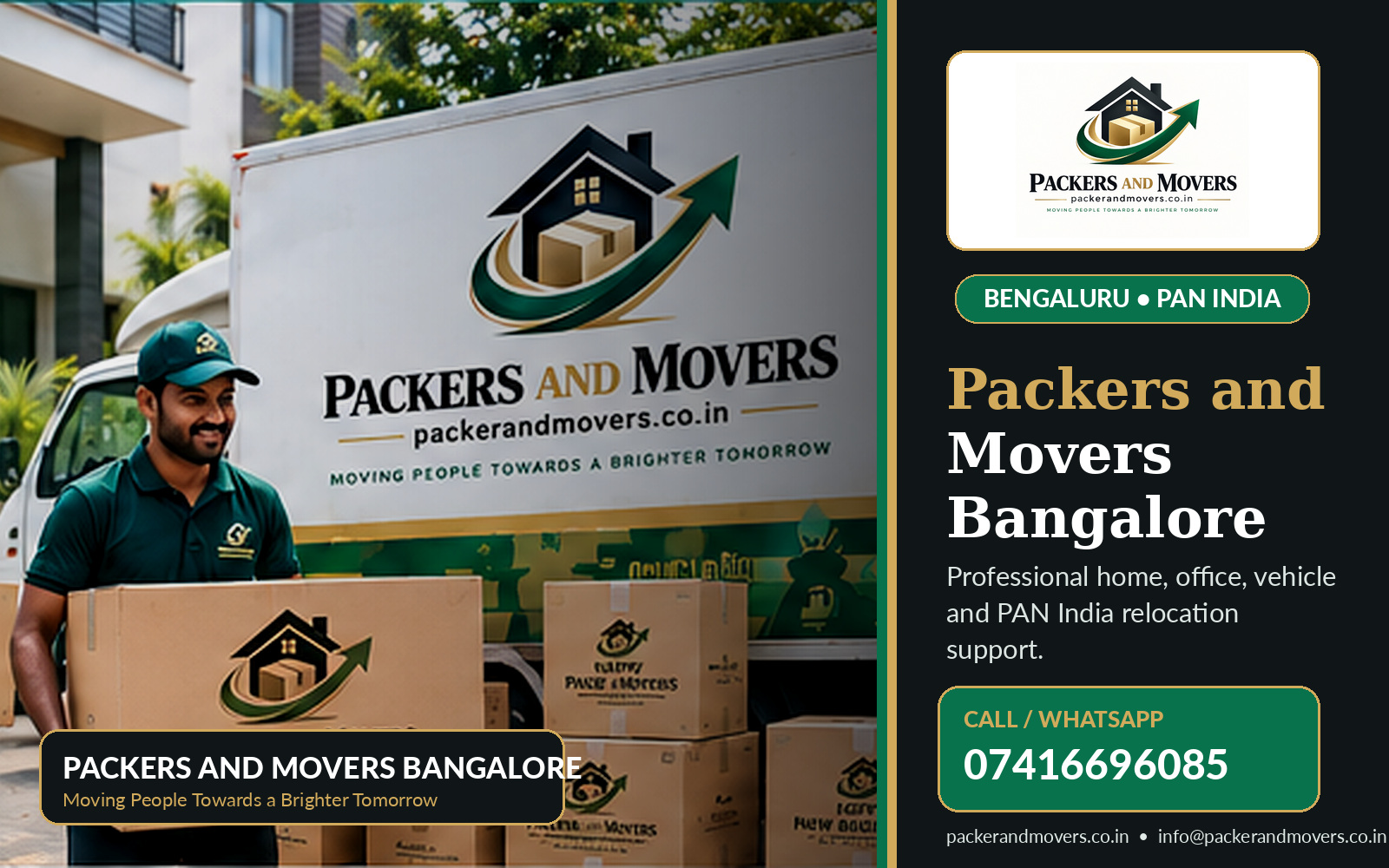 Packers and Movers Bangalore moving service visual with company logo and phone 07416696085